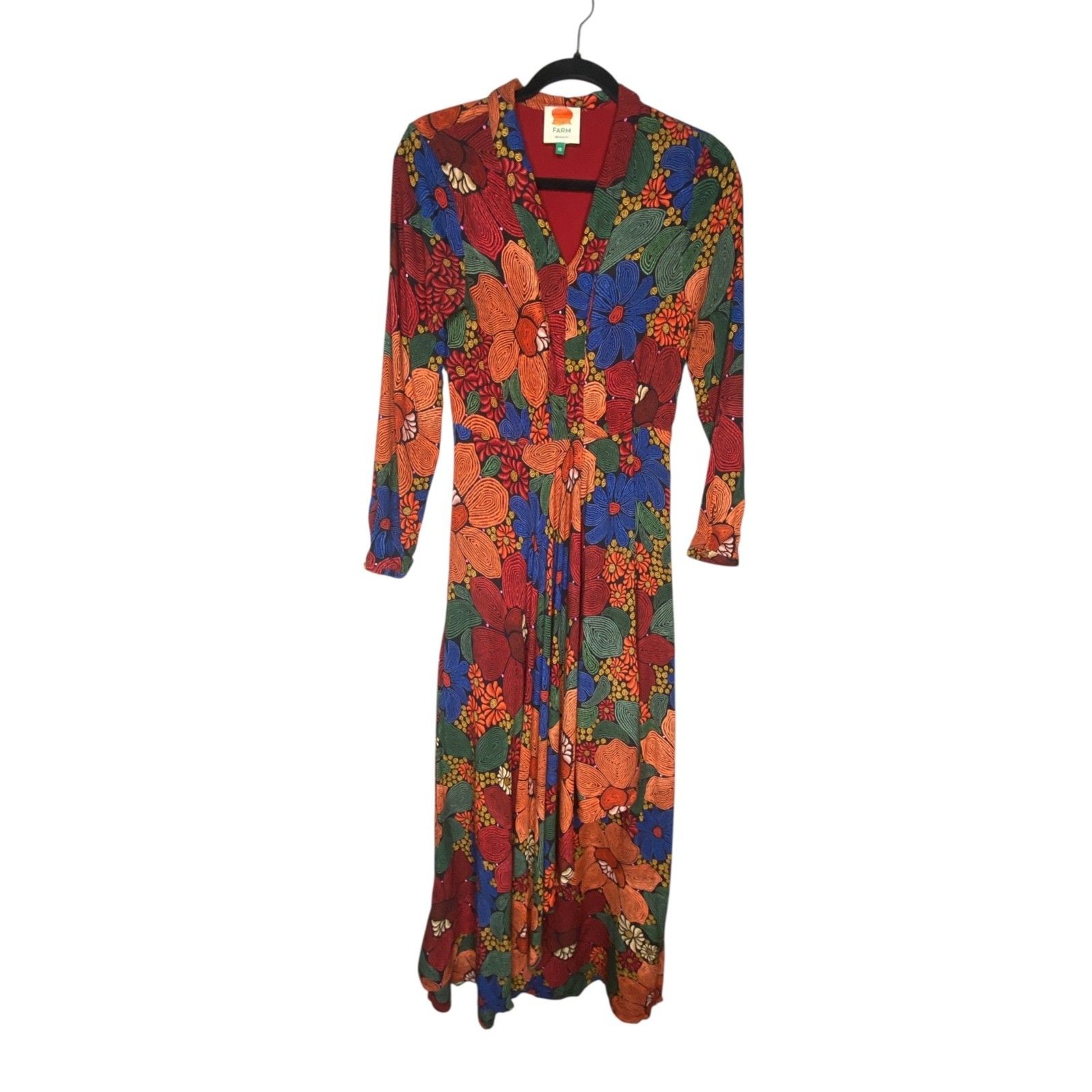 Farm Rio Black Stitched Flowers V Neck Maxi Dress Size Xs